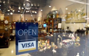 Storefront, open sign, visa sign, shop, credit card, open for business