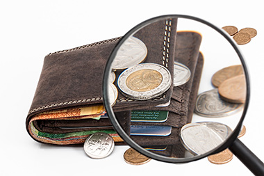 Wallet, magnifier, coins, currency, credit card