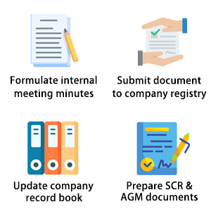 company secretary services: Formulate internal meeting minutes, Submit document to company registry, Update company record book, Prepare SCR & AGM documents